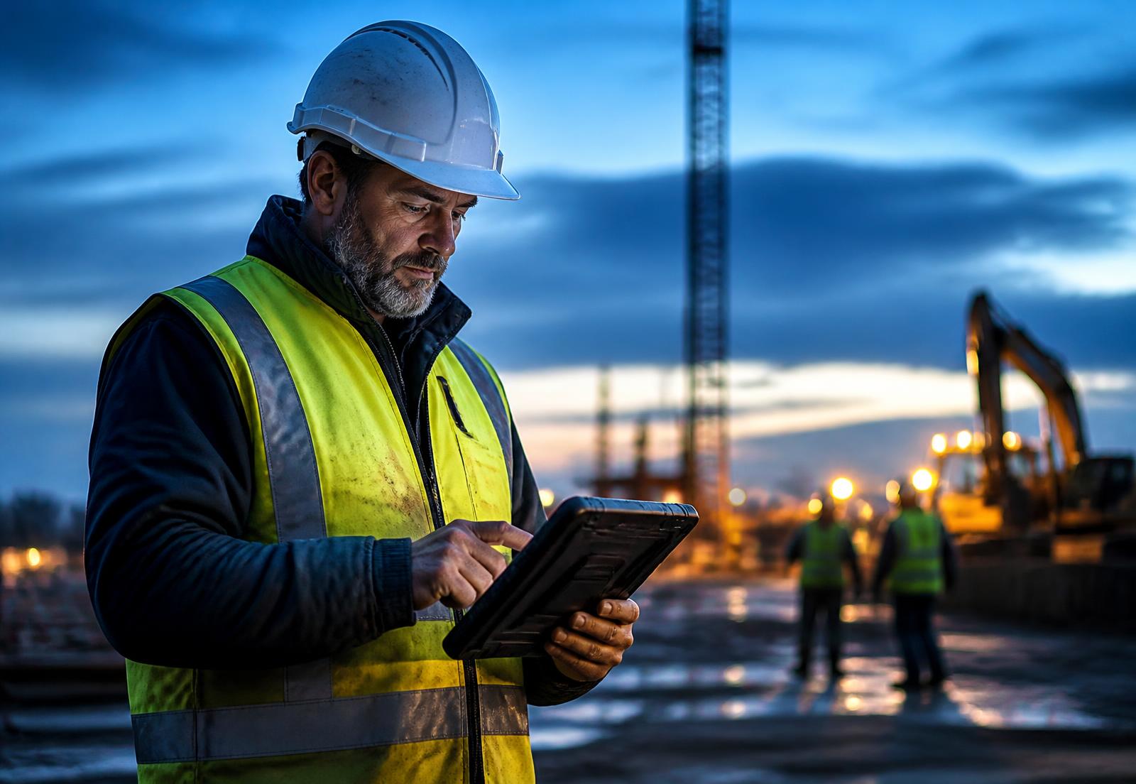 Site supervisor reviewing a job safety analysis on a tablet at dusk